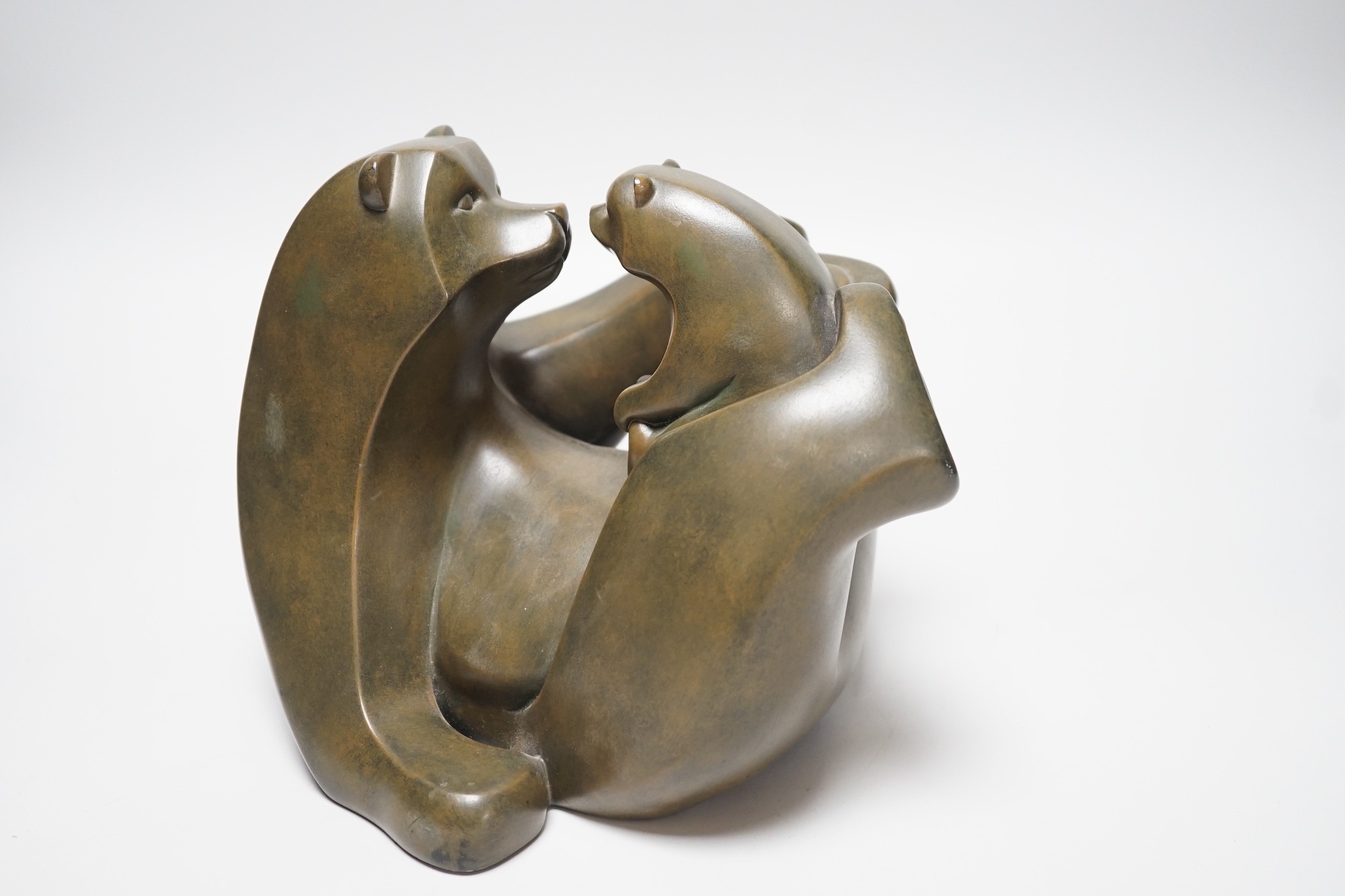 A contemporary cold cast resin bronze polar bear group, mother and child, 19cms high